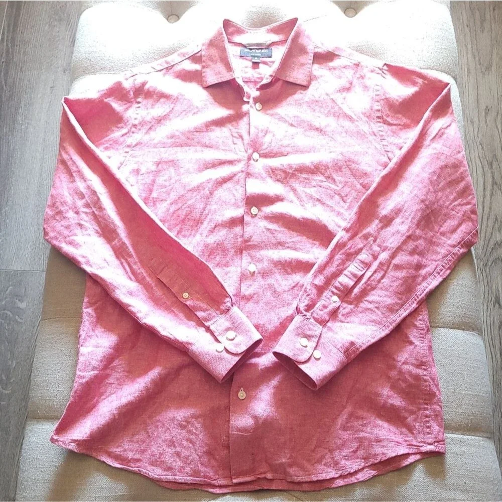 Banana Republic Red Linen/Cotton Button-Up Long-Sleeve Shirt Men's Medium